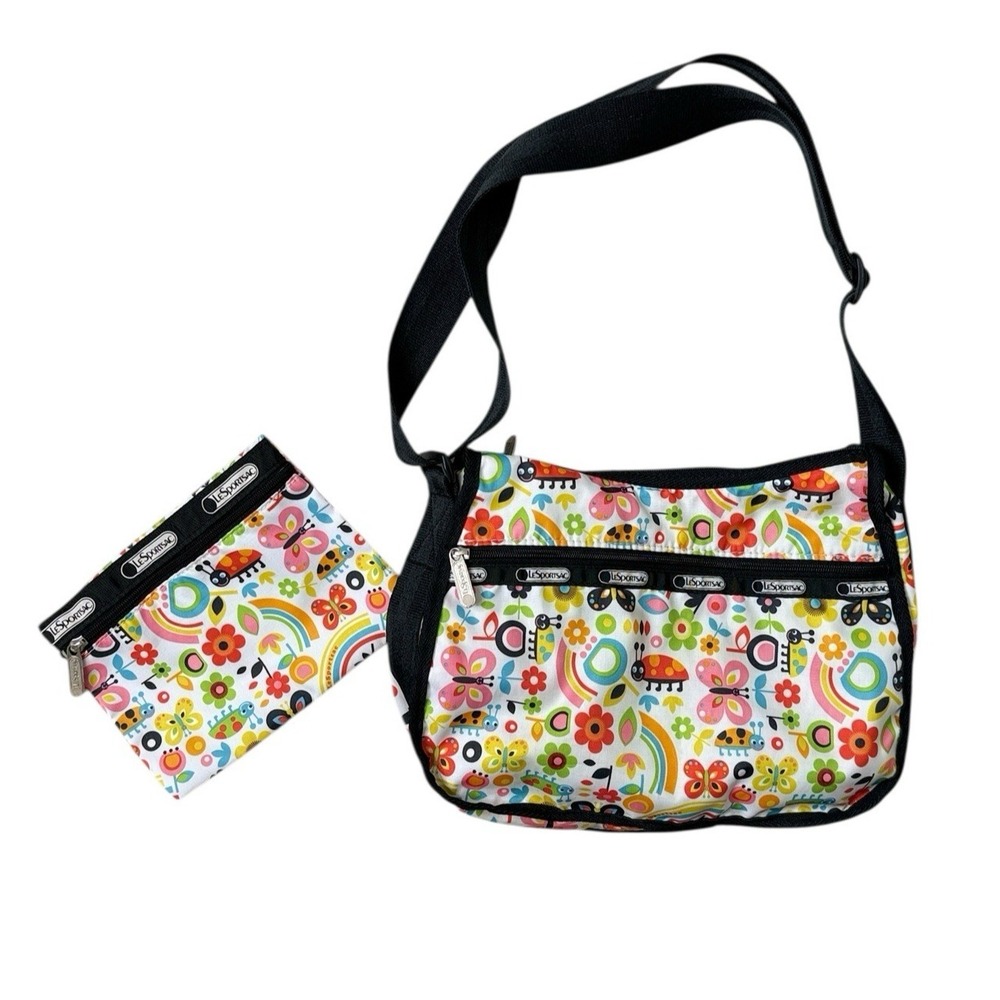 LeSportSac Deluxe Everyday Bag‎ Matching Cosmetic Pouch Rainbow Butterfly Cute